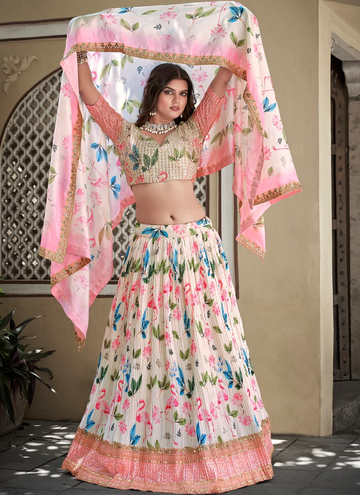 Sequence Work Crushed Chinon White Designer Lehenga Choli